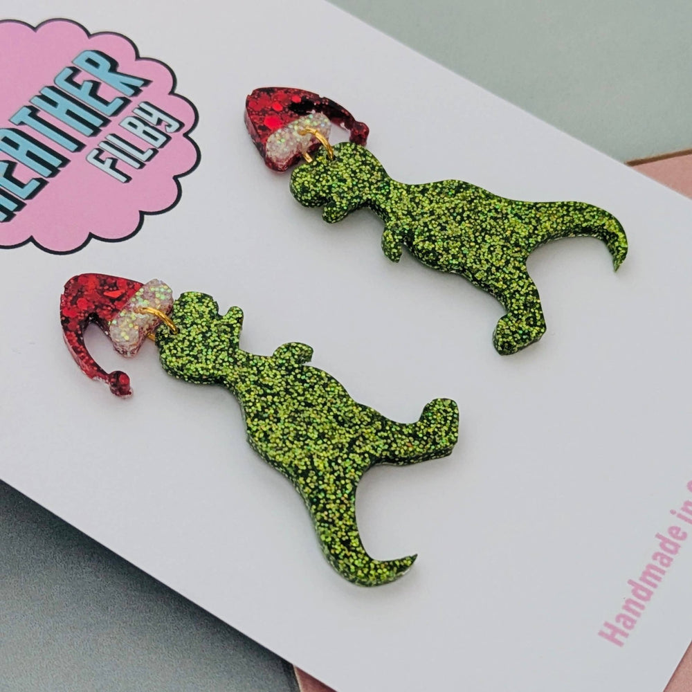 Christmas T - rex Dinosaur Santa Hat Glitter Earrings - Violet Elizabeth - Jewellery