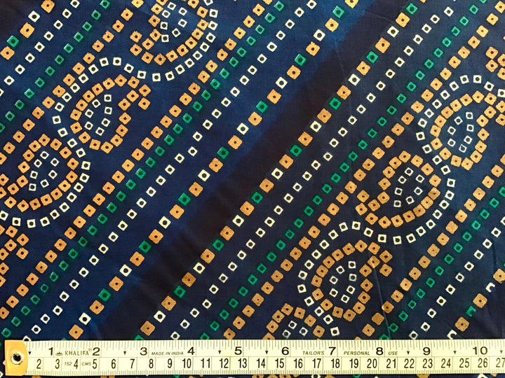 Dark Blue Diagonal Print In Gold And White Screen Printed Screen Printed Cotton Fabric