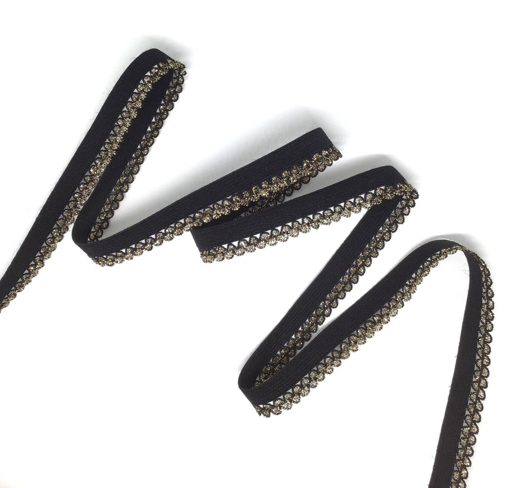 Elastic: black and gold made for knickers 12mm inc.patterened edge - Violet Elizabeth - Haberdashery