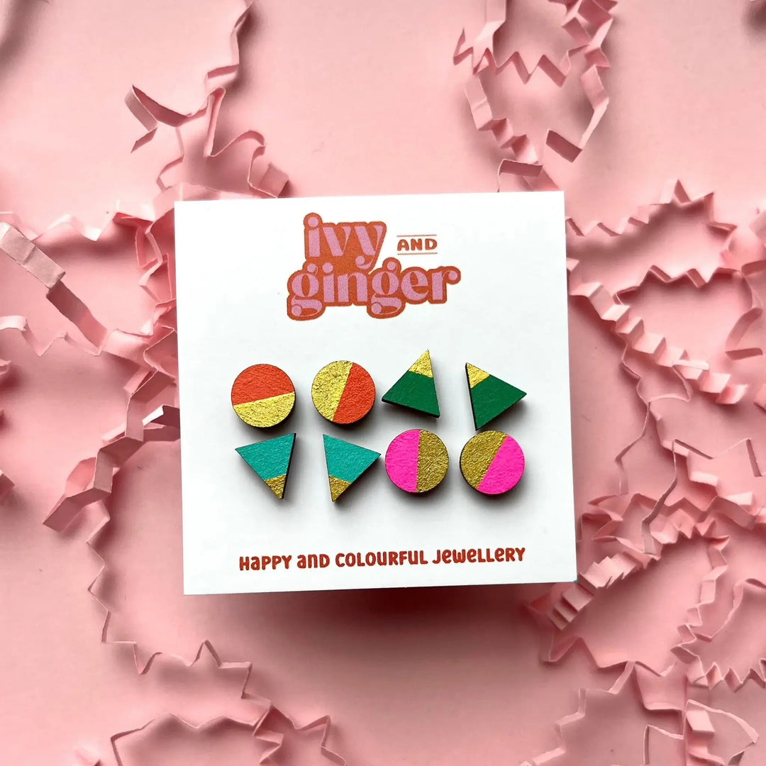 Four piece retro brights gold edge set hand painted earrings - Violet Elizabeth - Jewellery