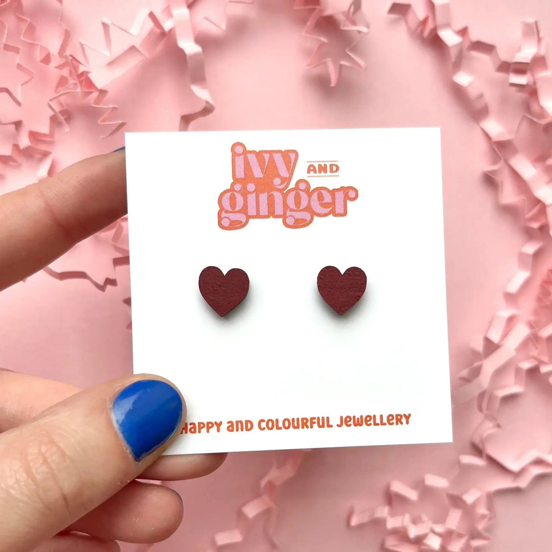 Hand painted mini deep red heart stud earrings - Violet Elizabeth - 