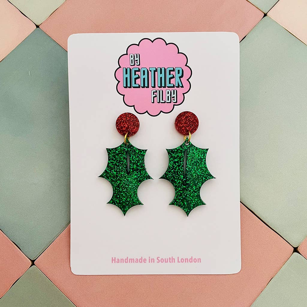 Holly Leaf Christmas Glitter Earrings - Best Seller - Violet Elizabeth - Jewellery