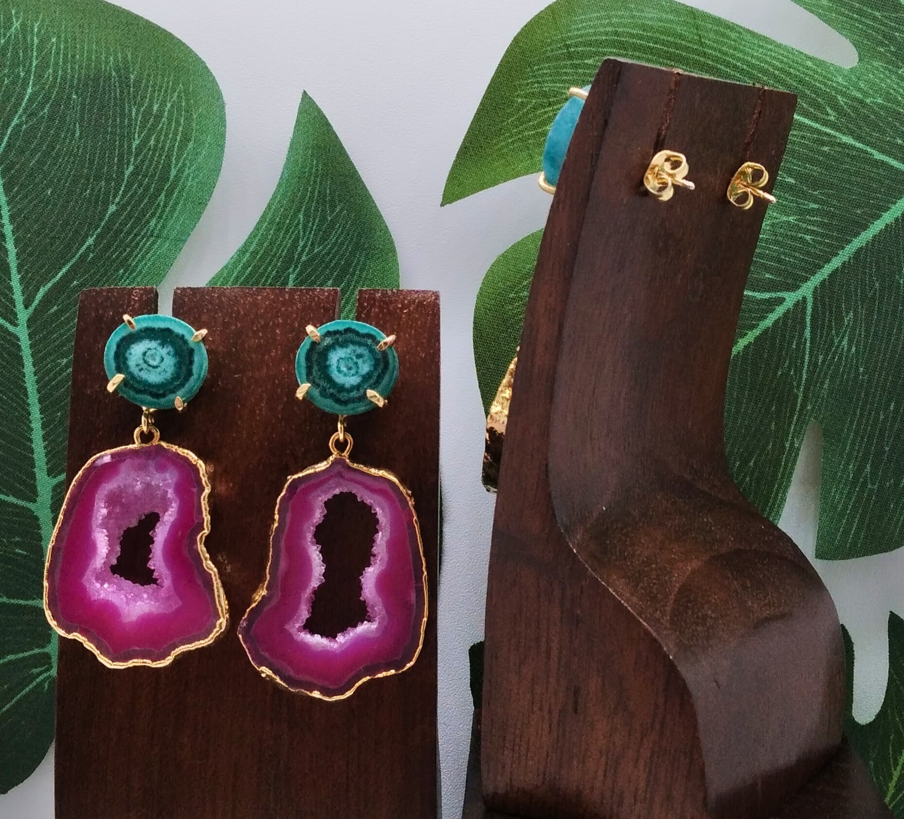 Hot Pink Agate Slice and Sea Green Solar Quartz Drop Earrings - Violet Elizabeth - Jewellery