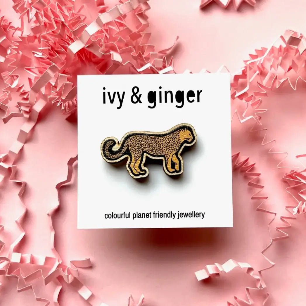 Leopard wooden pin badge brooch eco friendly animal print - Violet Elizabeth - 