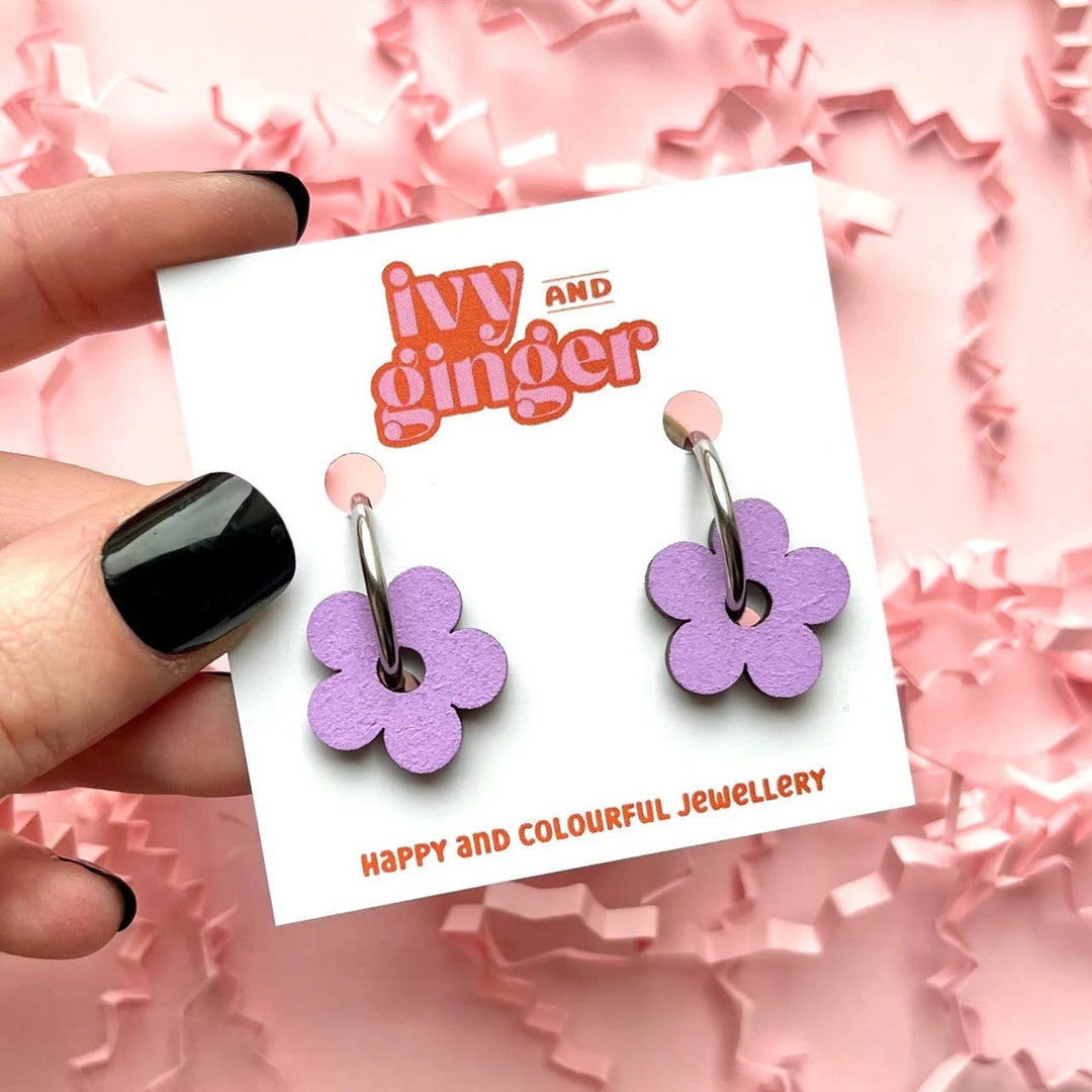 Lilac hand painted wooden flower hoop earrings - Violet Elizabeth - 