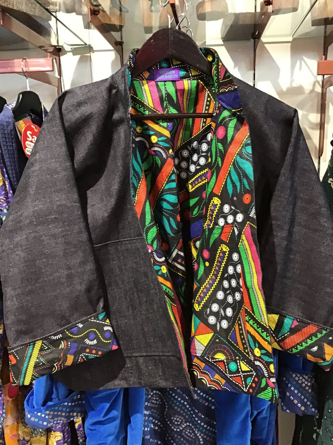 Marquise Spirit: Denim And African Wax Print Reversible Jacket - Violet Elizabeth - Clothing