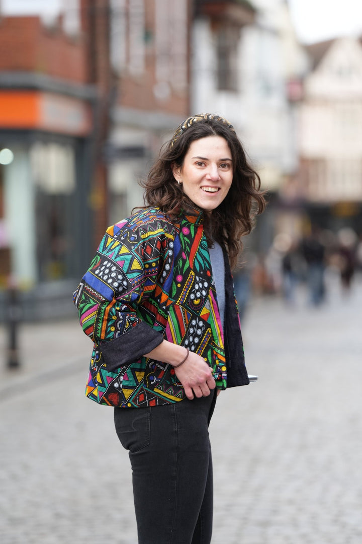 Marquise Spirit: Denim And African Wax Print Reversible Jacket - Violet Elizabeth - Clothing