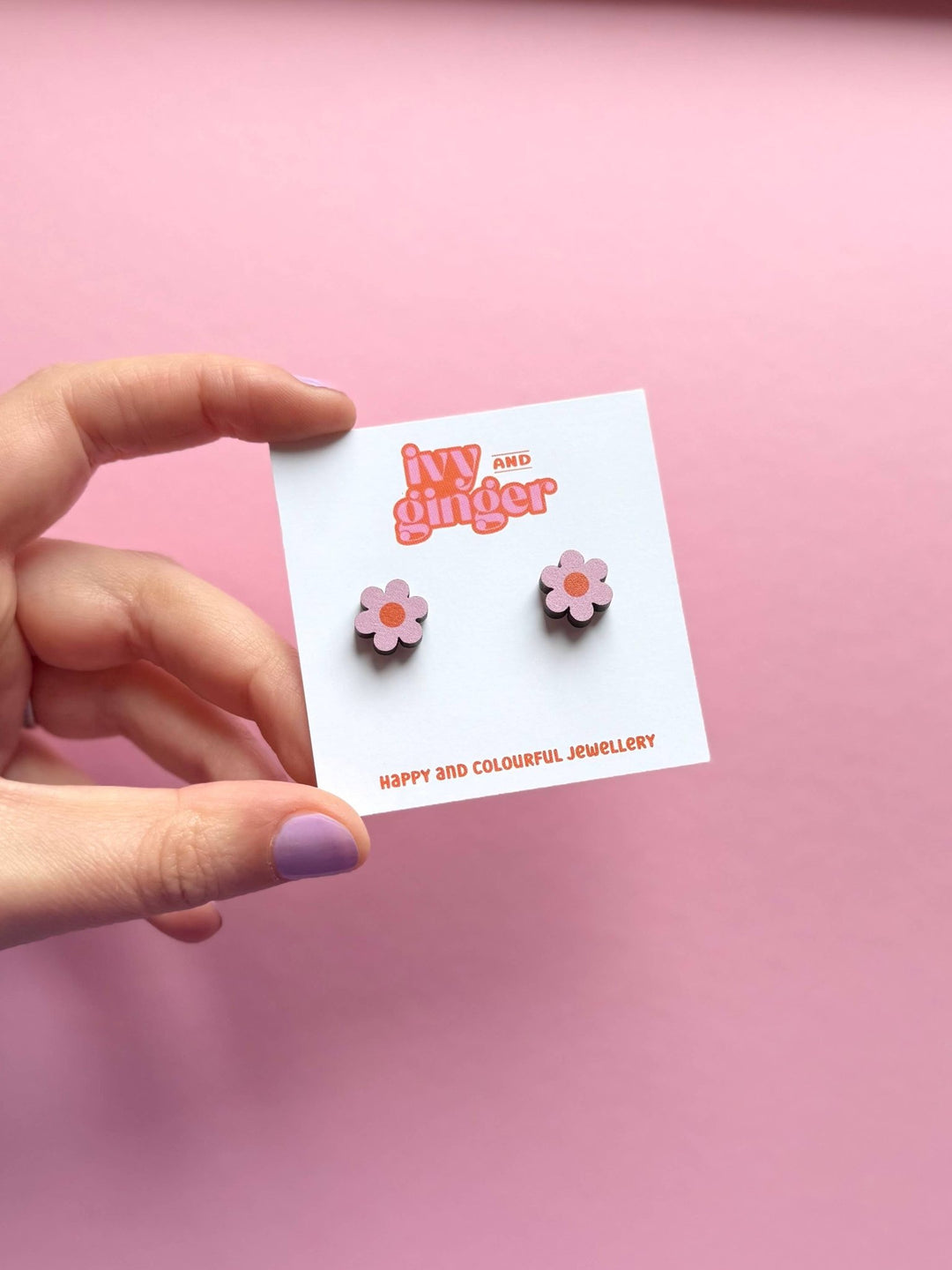Midi daisy stud digitally printed wooden earrings pink - Violet Elizabeth - 