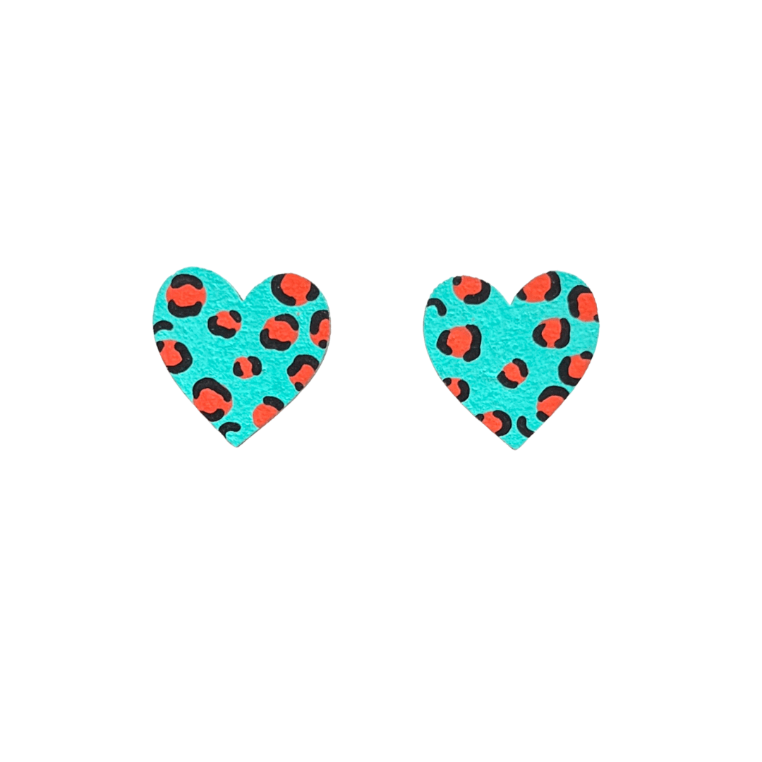 Midi leopard print heart studs in teal and orange wooden - Violet Elizabeth - 
