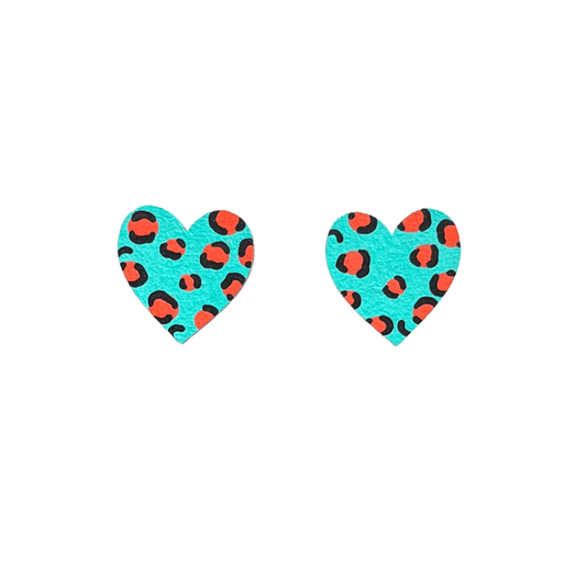 Midi leopard print heart studs in teal and orange wooden - Violet Elizabeth - 