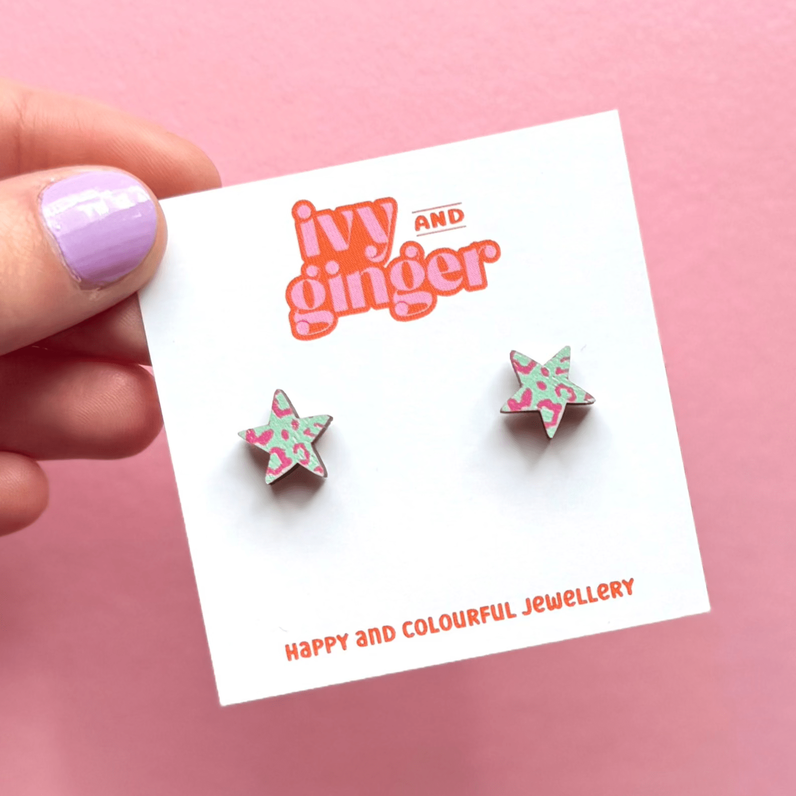 Midi mint green and pink leopard print star stud earrings - Violet Elizabeth - 