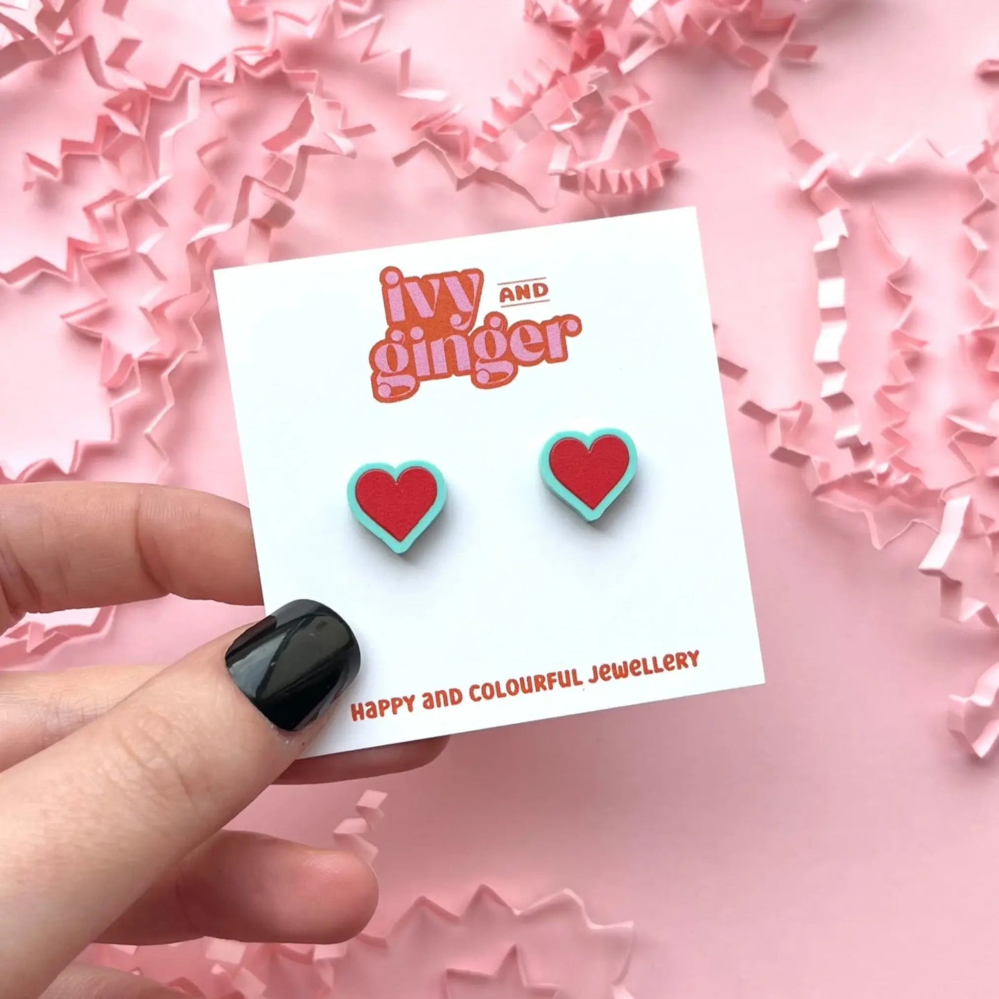 Midi pastel blue red heart stud earrings recycled acrylic - Violet Elizabeth - Jewellery