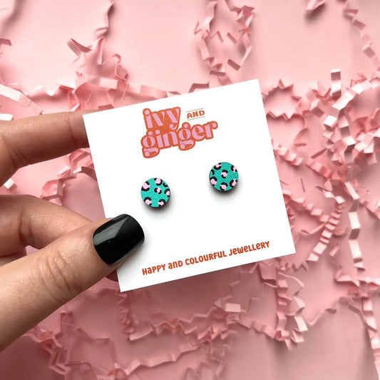 Mini leopard print circle green and pink stud earrings - Violet Elizabeth - 
