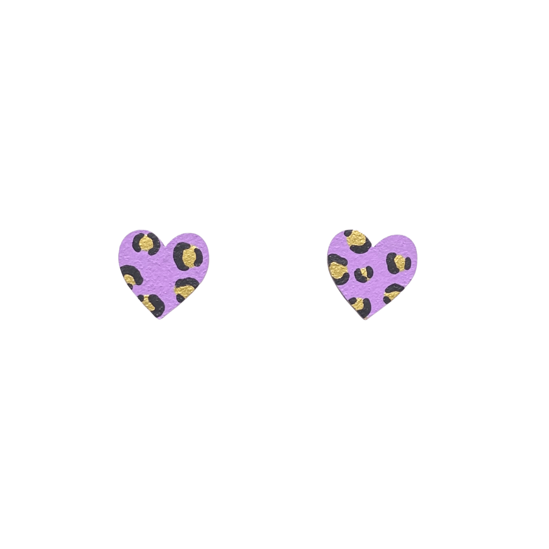 Mini leopard print heart lilac and gold wooden earrings - Violet Elizabeth - 