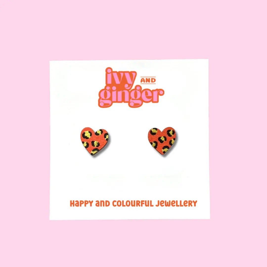 Mini leopard print heart orange and gold stud earrings - Violet Elizabeth - 