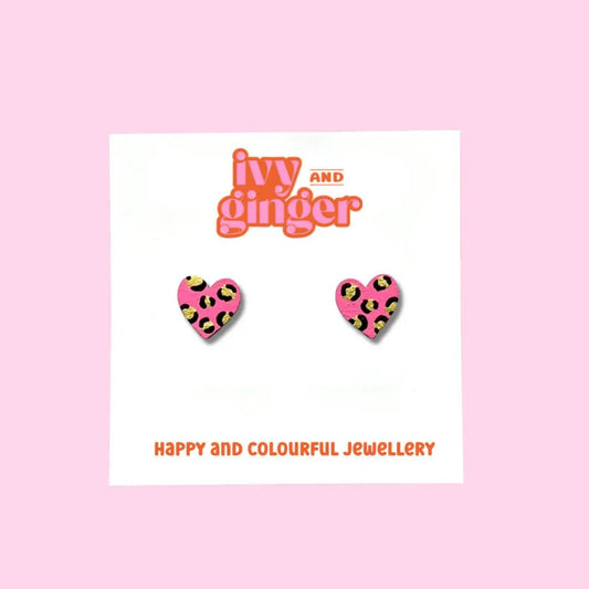 Mini leopard print heart studs in bright pink and golden - Violet Elizabeth - 