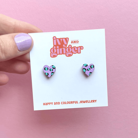 Mini leopard print heart studs in lilac and teal - Violet Elizabeth - 
