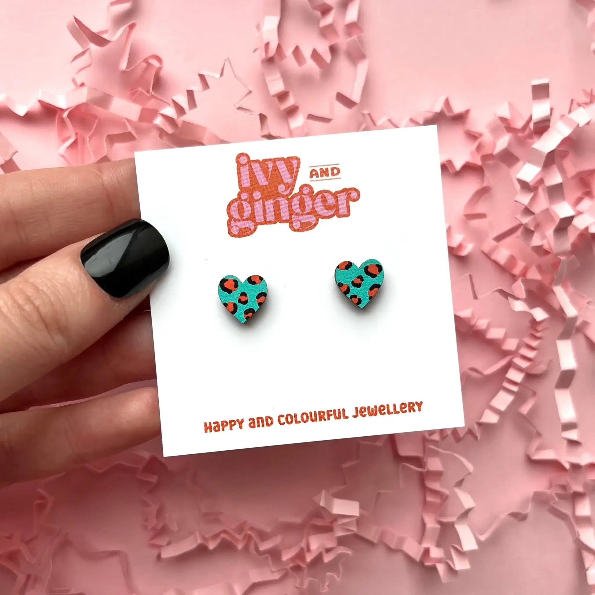 Mini leopard print heart teal and orange stud earrings - Violet Elizabeth - 