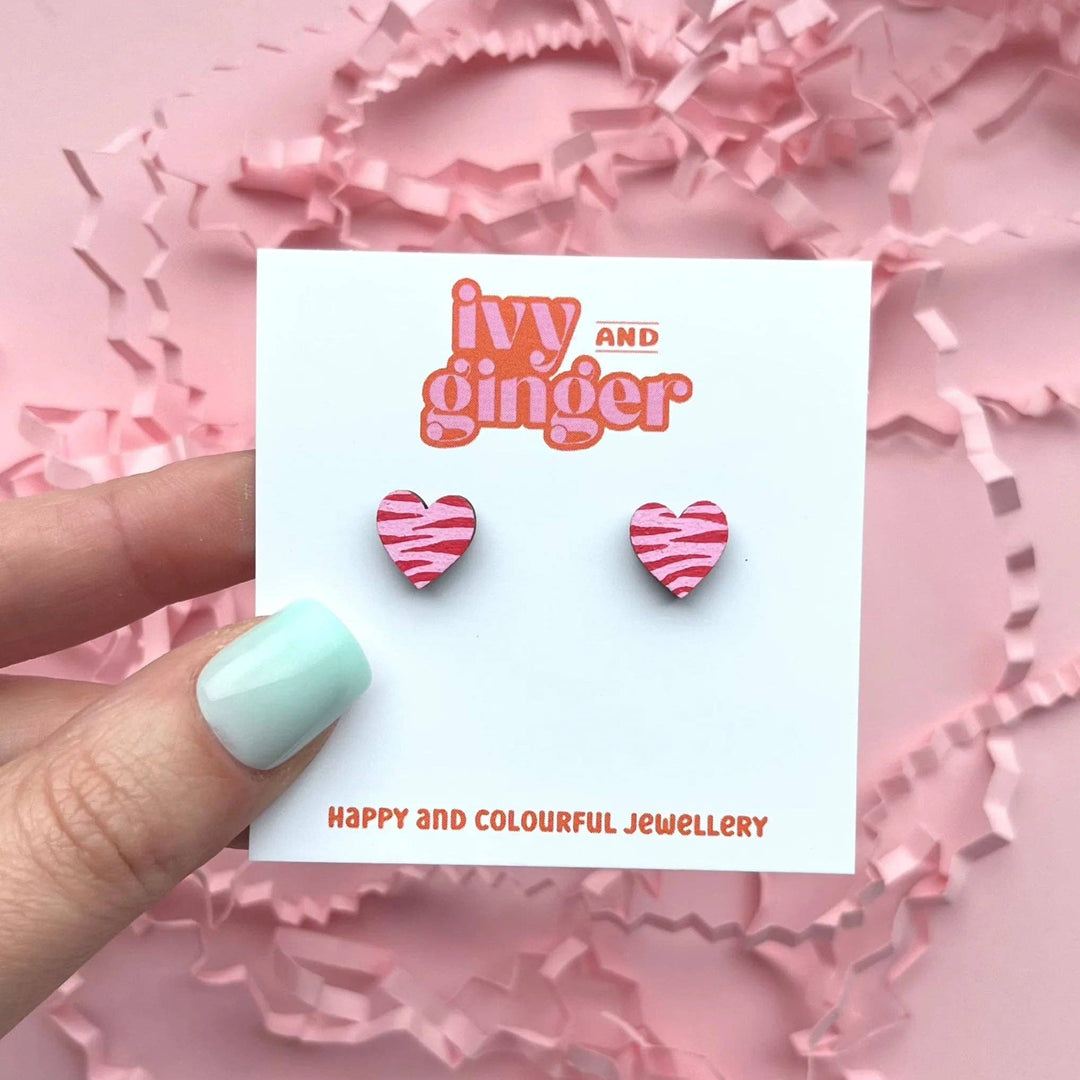 Mini pink and red zebra print heart shaped stud earrings - Violet Elizabeth - 