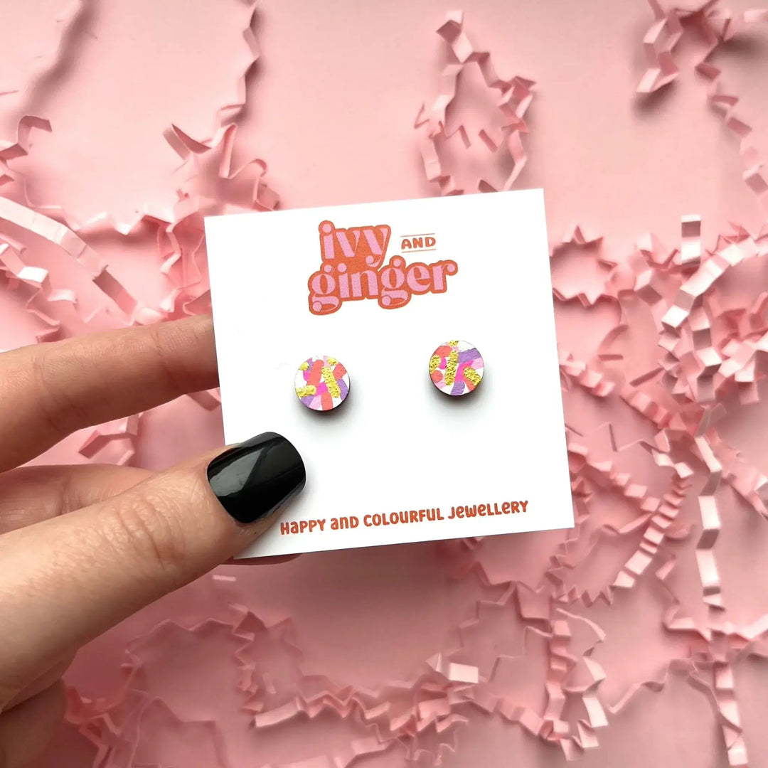 Mini pink circle confetti stud earrings hand painted fun - Violet Elizabeth - 