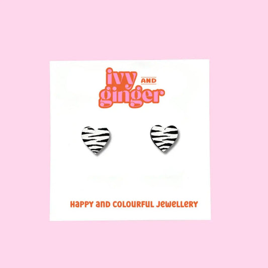 Mini zebra print heart stud statement wooden earrings - Violet Elizabeth - 