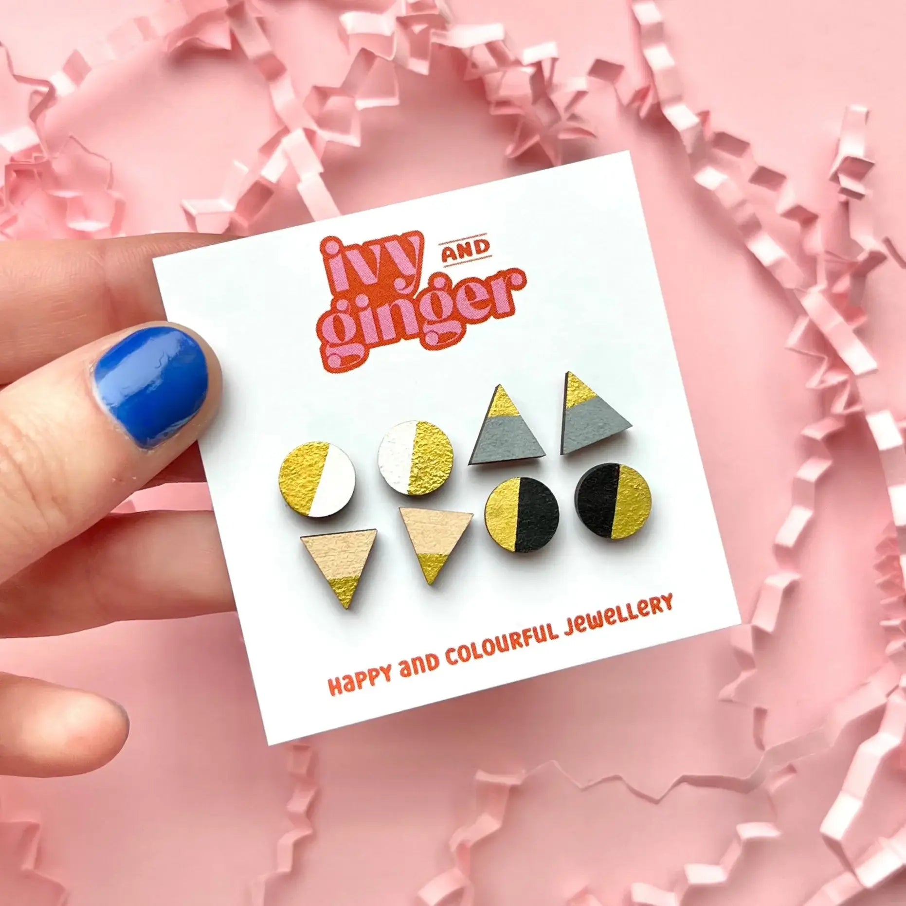 Mono gold four piece hand painted wooden earrings stud set - Violet Elizabeth - 