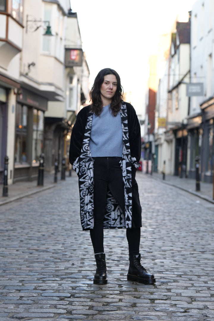 Monochrome Velvet Coat Long In Rare Batik - Violet Elizabeth - Clothing