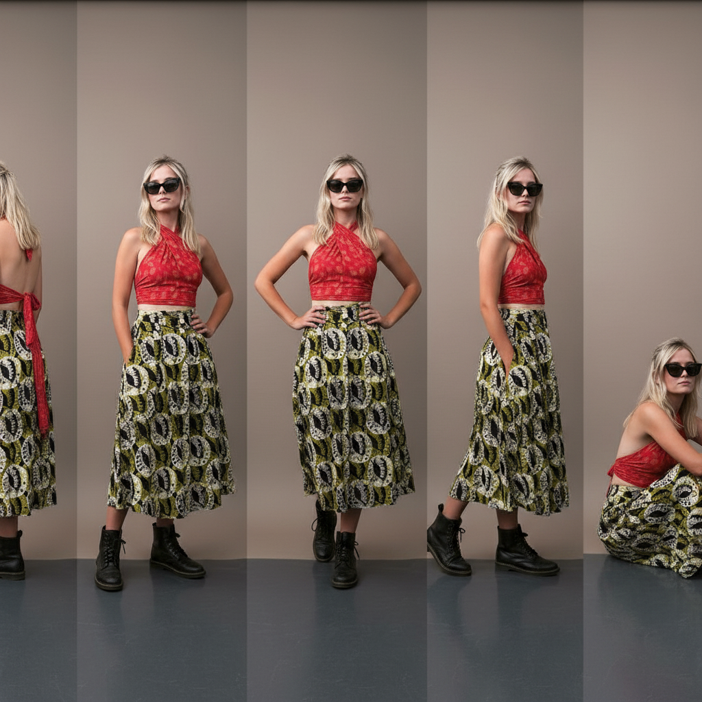 A Violet Elizabeth customer poses wearing a red top and patterned skirt in various poses against a plain background.