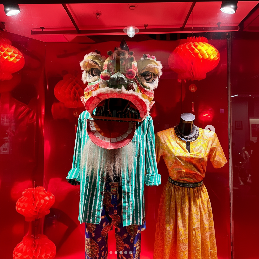 The Violet Elizabeth storefront showing traditional lion dance costume with a red mask and colourful outfit, displayed against a red background with lanterns.  