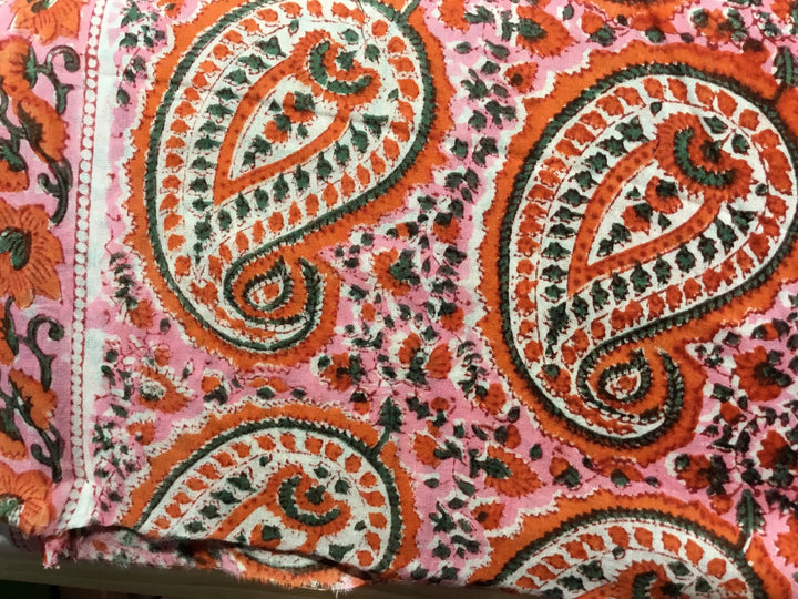 Paisley Lines With Border Block Printed Cotton Fabric