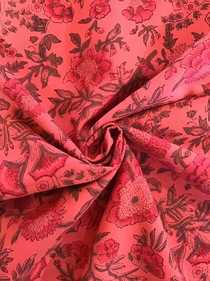 Pink And Grey Flowers Screen Printed Screen Printed Cotton Fabric