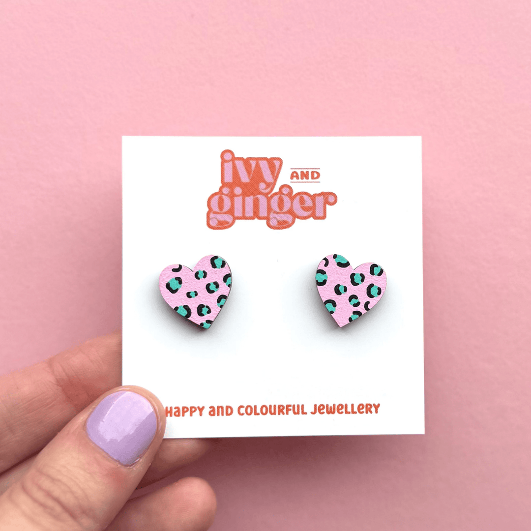 Pink and teal leopard print midi heart stud earrings - Violet Elizabeth - 