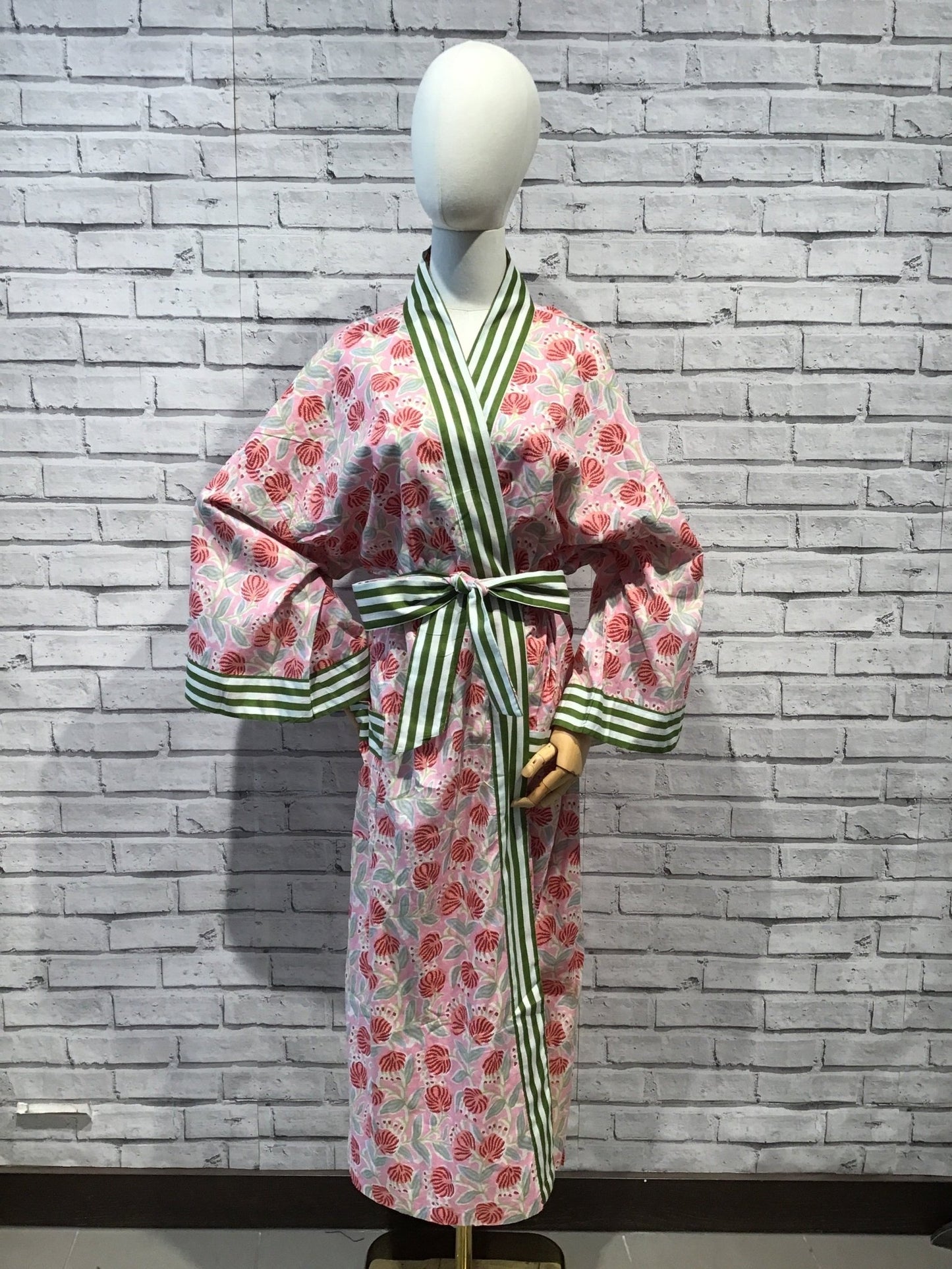 Pink flower Long Cotton Robe - Violet Elizabeth - Clothing