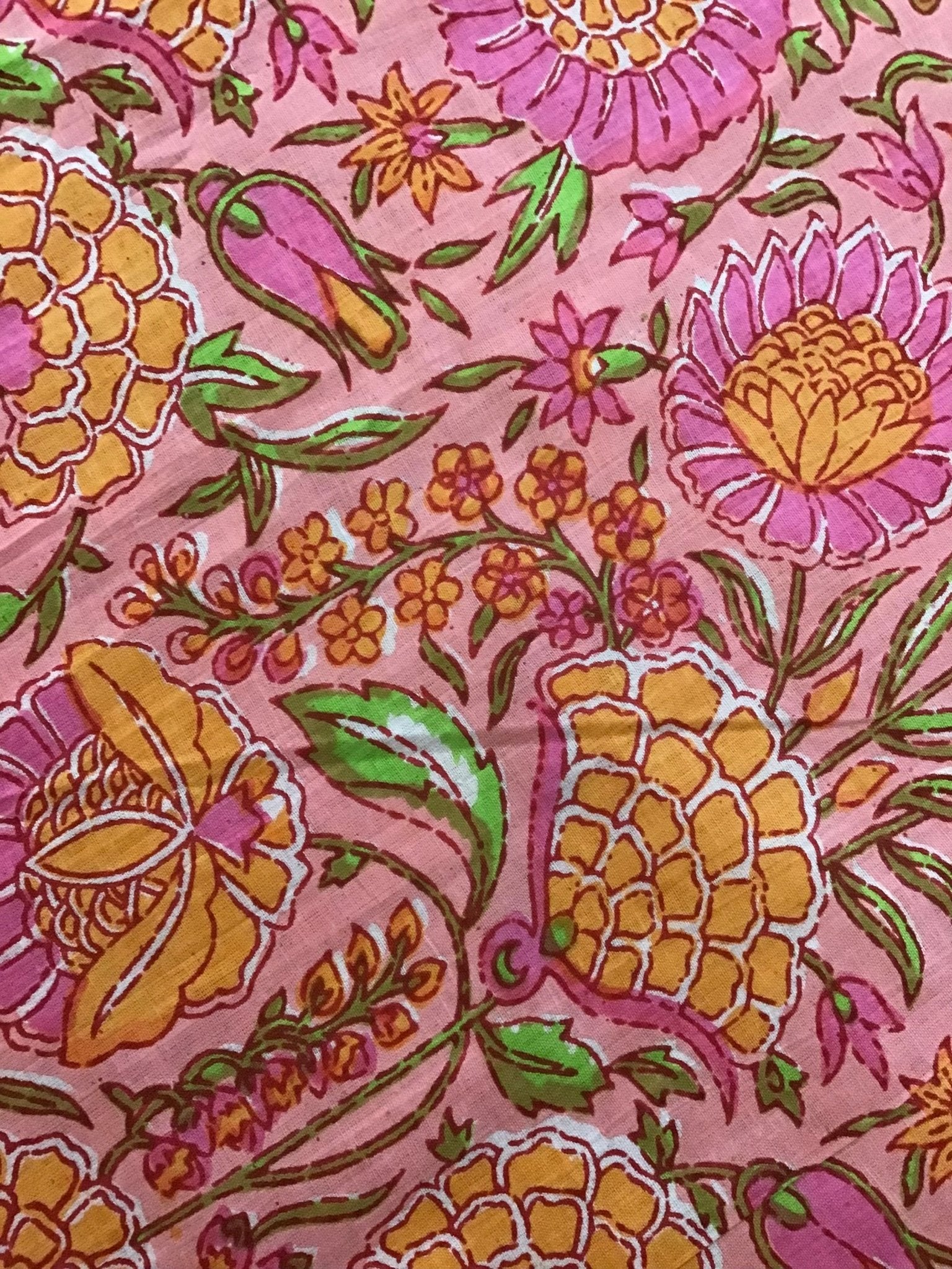Pink/orange flowers Screen Printed Fabric 100% Cotton - Violet Elizabeth - Haberdashery