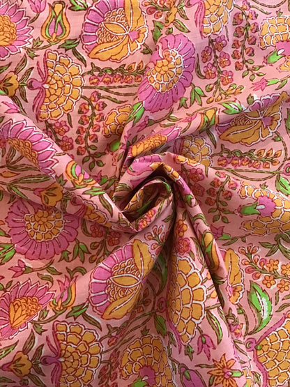 Pink/orange flowers Screen Printed Fabric 100% Cotton - Violet Elizabeth - Haberdashery