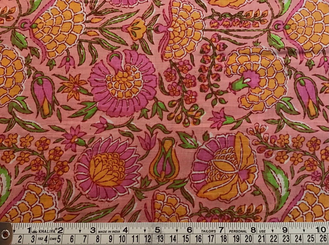 Pink/orange flowers Screen Printed Fabric 100% Cotton - Violet Elizabeth - Haberdashery