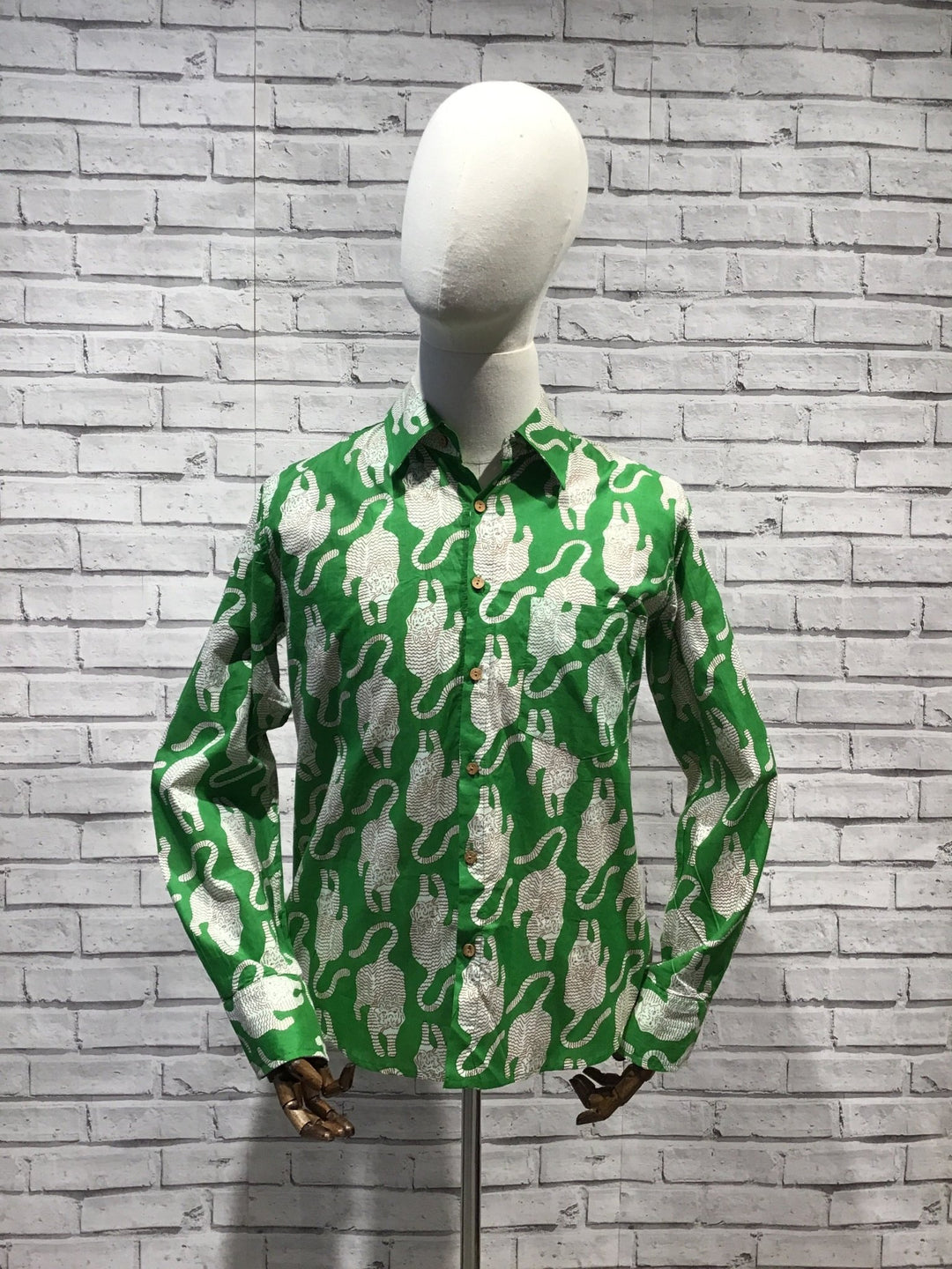 Green mens shirt screen printed with prowling tigers