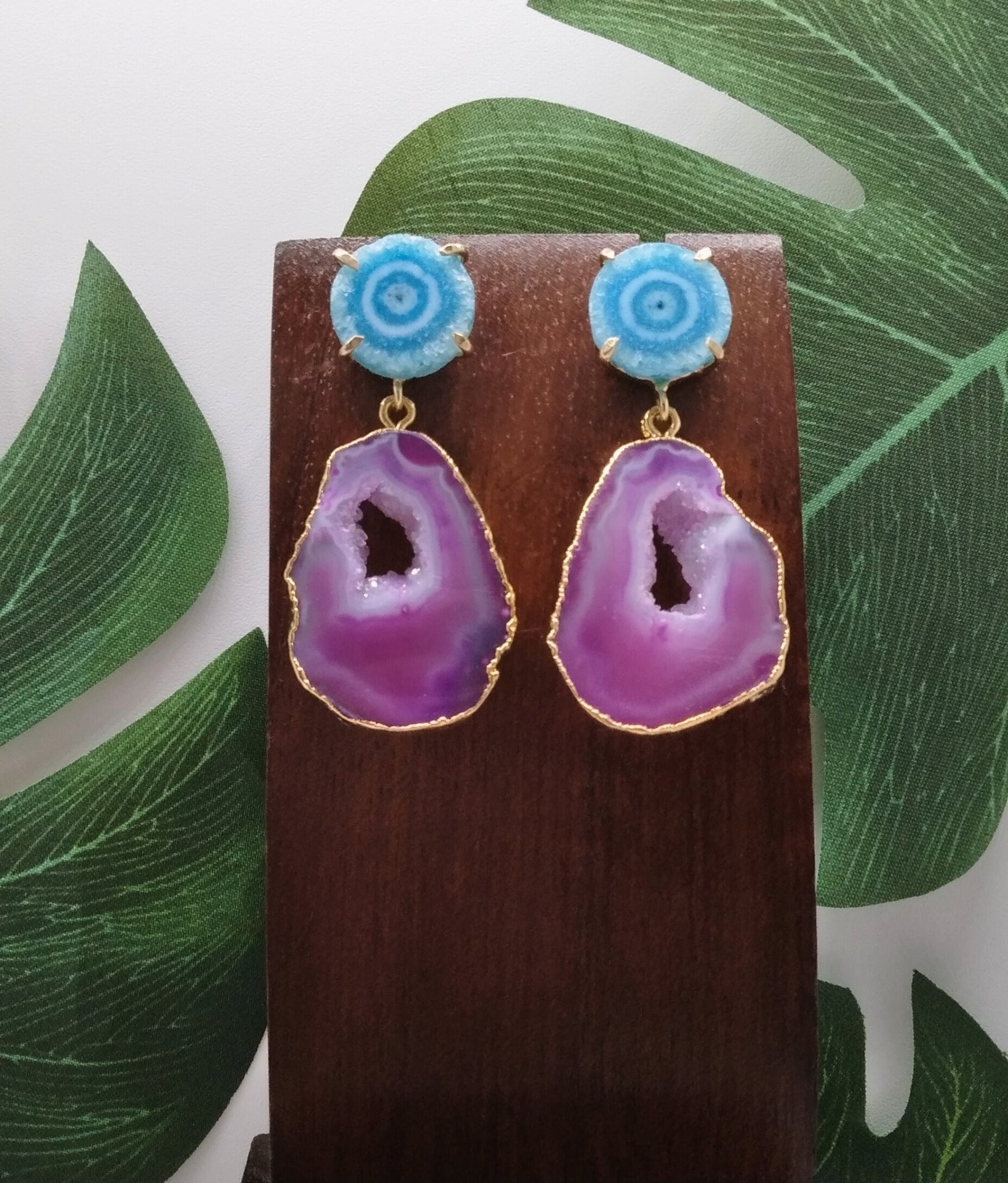 Purple Agate Slice and Sea Blue Solar Quartz Drop Earrings - Violet Elizabeth - Jewellery