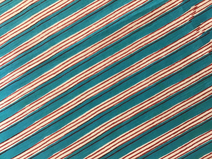 Red, Blue And White Stripe Screen Printed Screen Printed Cotton Fabric