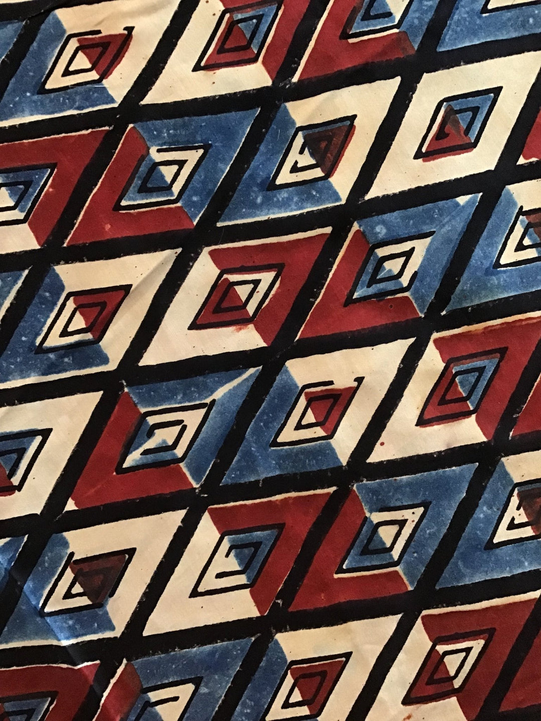 Red blue block print Mushru cotton/silk blend - Violet Elizabeth - Haberdashery