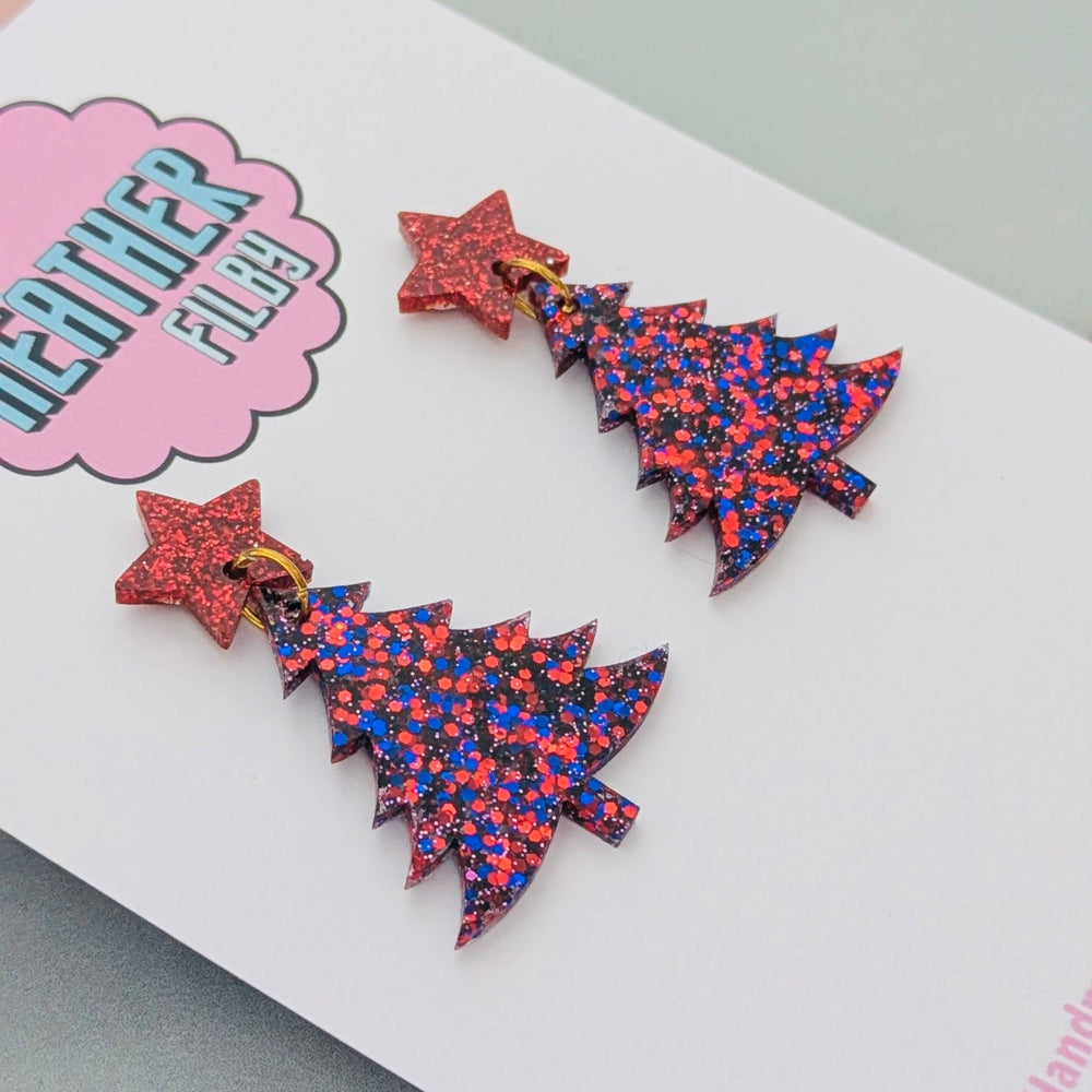Red & Blue Christmas Tree Earrings - Best Seller - Violet Elizabeth - Jewellery