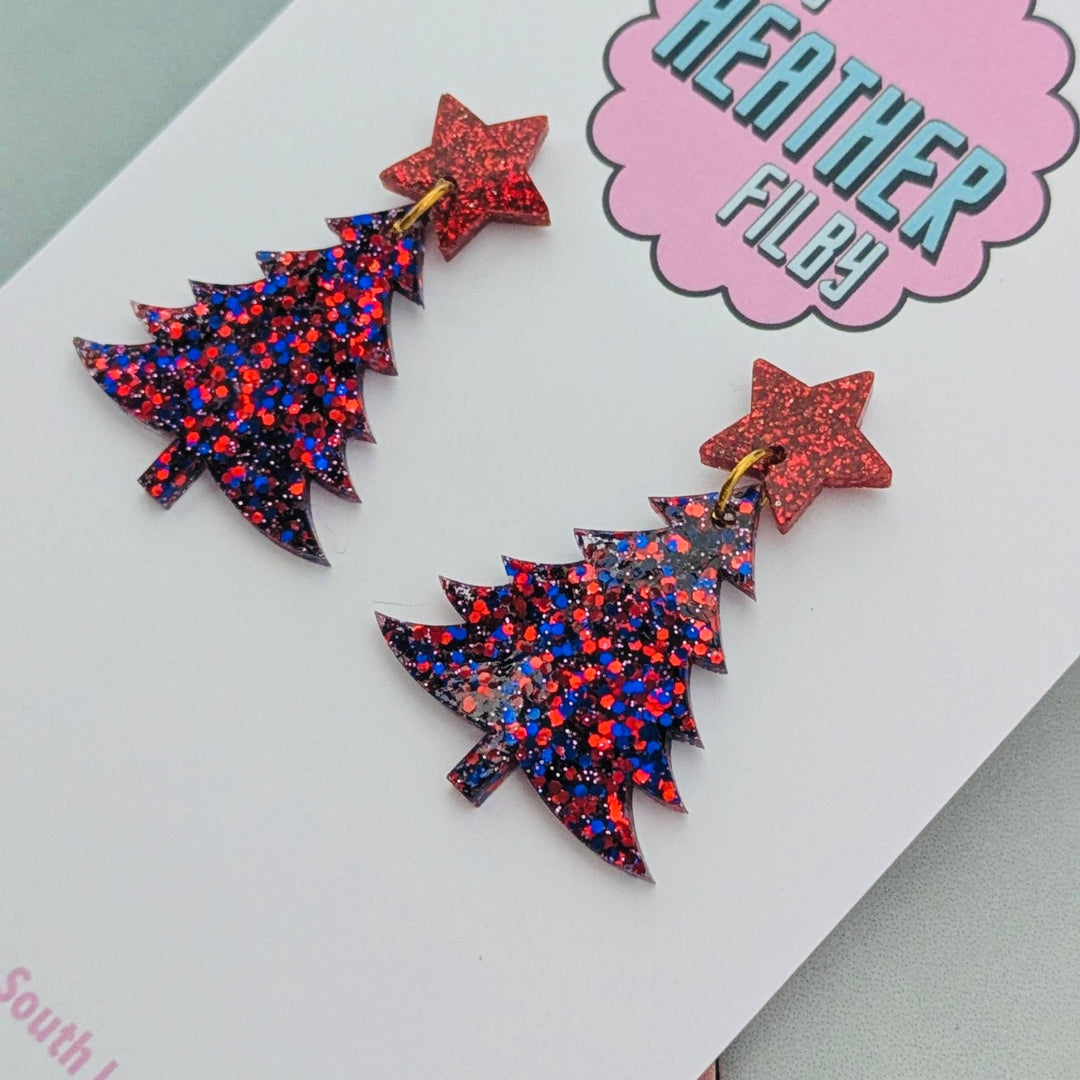 Red & Blue Christmas Tree Earrings - Best Seller - Violet Elizabeth - Jewellery
