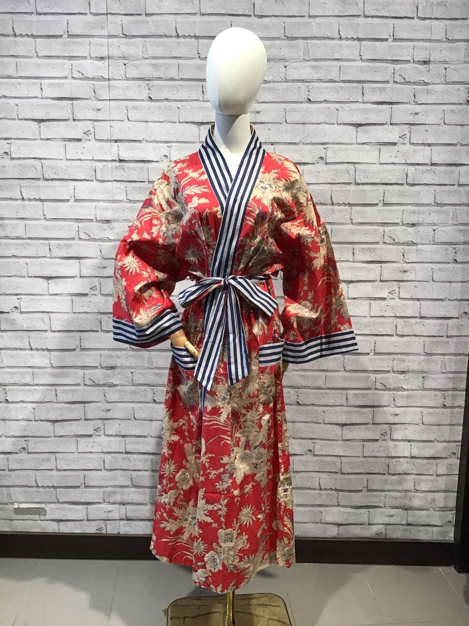 Red Blue Long Cotton Robe - Violet Elizabeth - Clothing