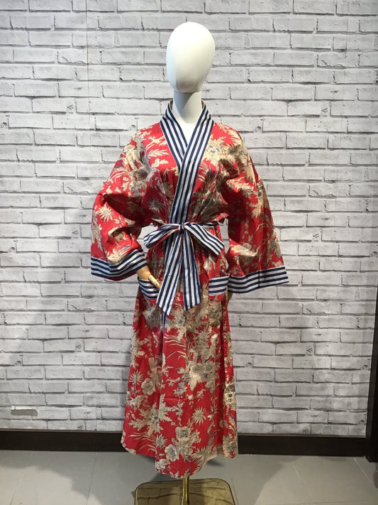 Red Blue Long Cotton Robe - Violet Elizabeth - Clothing