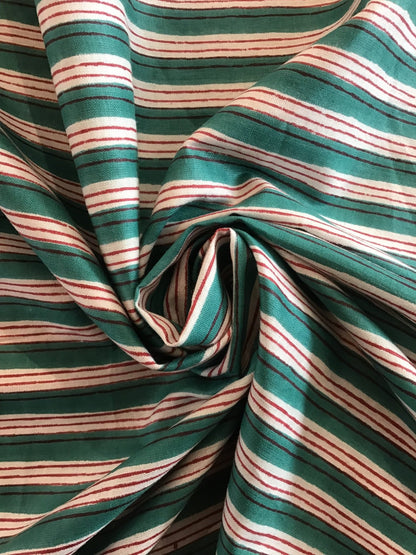 Red, green and white stripe Screen Printed Fabric 100% Cotton - Violet Elizabeth - Haberdashery