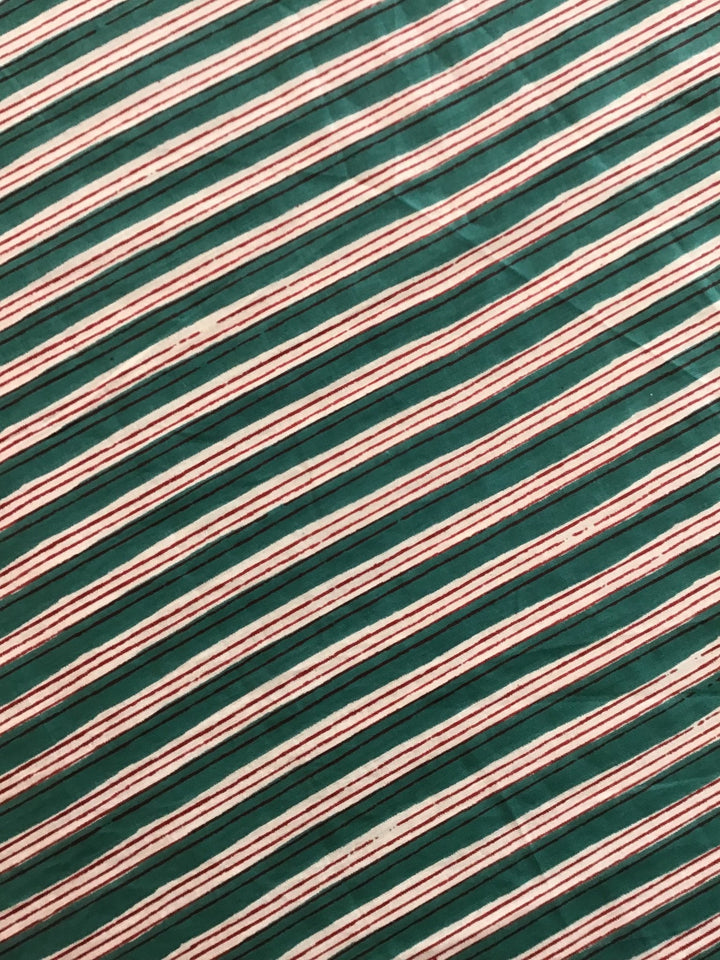 Red, Green And White Stripe Screen Printed Screen Printed Cotton Fabric