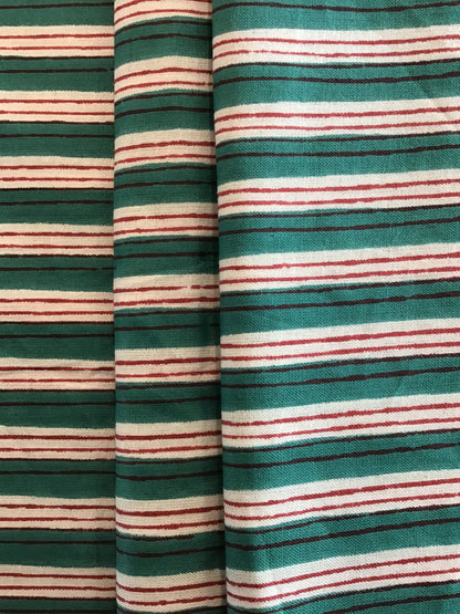 Red, green and white stripe Screen Printed Fabric 100% Cotton - Violet Elizabeth - Haberdashery