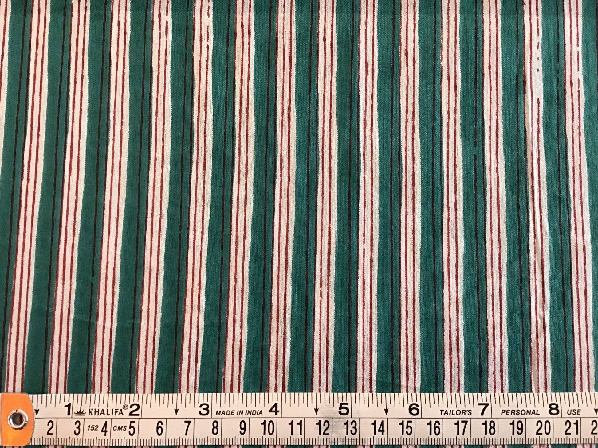 Red, green and white stripe Screen Printed Fabric 100% Cotton - Violet Elizabeth - Haberdashery