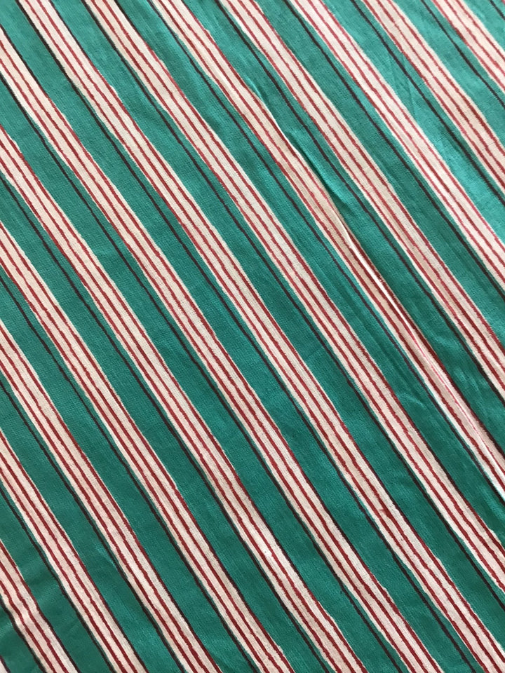 Red, Mint And White Stripe Screen Printed Screen Printed Cotton Fabric