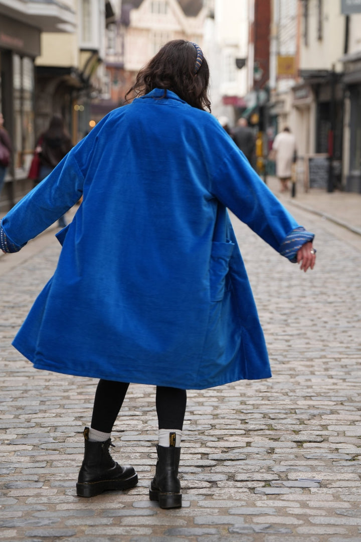 Scrolling Mosiac Cobalt Blue Velvet Coat - Violet Elizabeth - Clothing